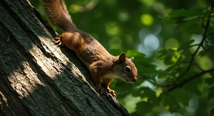 Fototapeta premium Squirrel on tree branch daytime sunlight natural habitat wildlife