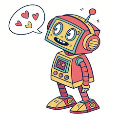 Cute cartoon robot with hearts in speech bubble character