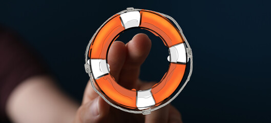 Hand reaching for a digital lifebuoy.  Support, rescue, safety, and help concept.