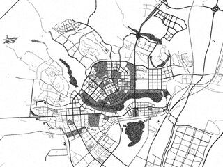 Naklejka premium Black and white map poster of Ordos, China, illustrated in hand-drawn style.