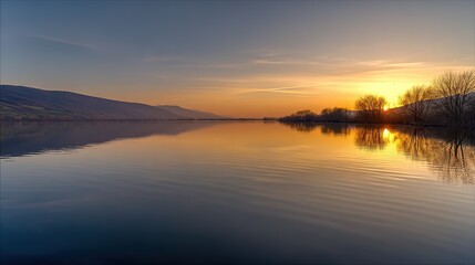 shore. Tranquil lakeside view at sunset with calm water reflecting golden hues. inspiring travel planning, travel magazines, designed for outdoor magazines and nature guides