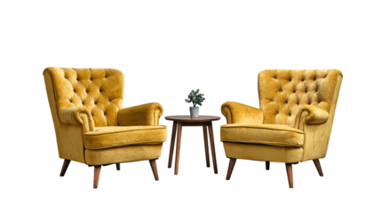 Two mustard yellow armchairs and a small side table