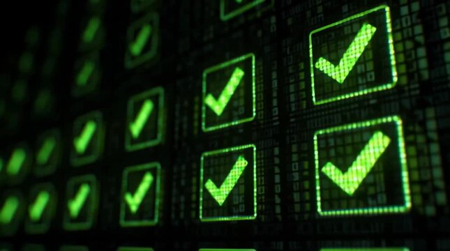 Digital interface with a series of glowing checkmark icons indicating completed tasks, symbolizing productivity, progress tracking, efficiency, and successful workflow in a modern, tech-driven environ