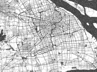 Naklejka premium Stylized black and white urban map of Shanghai, China, hand-drawn style for decor and creative use.