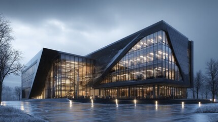Fototapeta premium A modern building with large glass windows, geometric facade, illuminated interiors, situated under a moody sky at dusk, with wet pavement and leafless trees around.