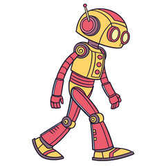 Red and yellow cartoon robot walking android machine