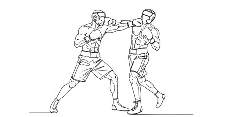 Minimal line art illustration of two boxers fighting in a ring, wearing gloves and protective headgear. Black and white vector drawing symbolizing sports competition, strength, fitness