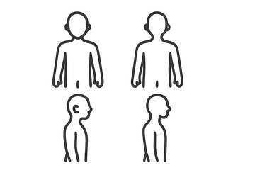 Fototapeta premium Human figure icon set. Male and female body from front and side view. Person torso silhouette. Man and woman profile. People avatar symbol. Anatomy vector line illustration.