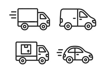 Fototapeta premium Delivery service icon set. Logistics and shipping transport. Fast delivery truck, van, car symbols. Editable stroke outline pictogram. Commercial vehicle for courier and cargo.