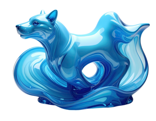 A translucent blue fox sculpture emerging from flowing water-like form
