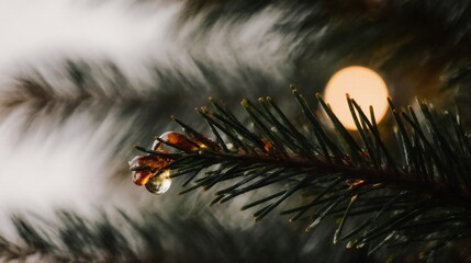 Close-up of evergreen branch with water drops and festive Christmas bokeh lights.