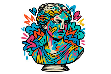 Obraz premium Antique Greek goddess statue bust with colorful urban graffiti. 90s street style contemporary art collage. Concept of postmodern creativity, mixed media pop art illustration.