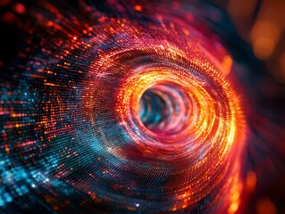 Vibrant particle stream creating an abstract swirling tunnel effect
