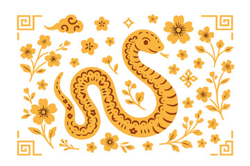 Chinese New Year 2026 elements with snake zodiac animal. Vector collection with golden serpent, oriental flowers, asian clouds and traditional patterns for lunar spring festival.