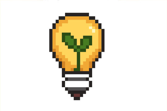 Pixel art lightbulb with plant inside. Green energy concept. Eco friendly idea symbol. Nature, growth, sustainability and innovation metaphor. Vector 8 bit retro video game icon.