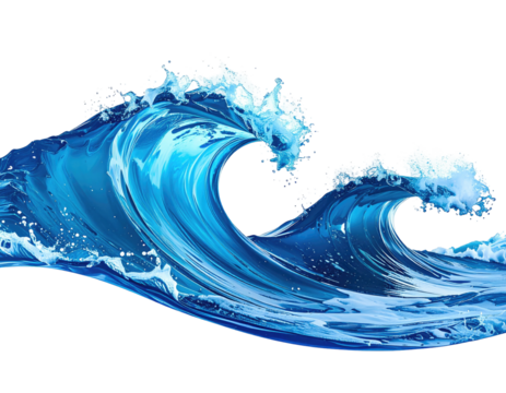 Dramatic digital illustration depicts a cresting, blue ocean wave