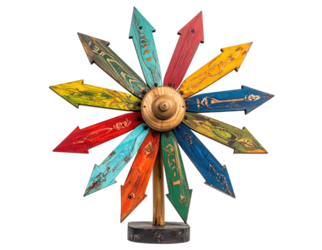 Colorful wooden directional sign with many arrows pointing in various directions