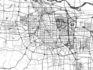 Urban black and white map of Zhengzhou, China, designed in a sketch style for prints.