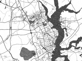 Obraz premium Stylized decorative city map of Zhanjiang, China, hand-drawn in black and white.