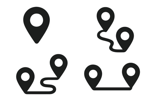 Location pin icon set. Route from point A to B. Start and finish destination. Map pointer collection. GPS navigation, travel path, journey tracking. Vector silhouette glyphs.