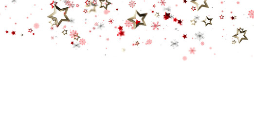 Red and gold stars, snowflakes falling on white. Festive, celebratory, magical.