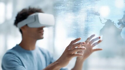 Software developer wearing vr headset interacts with holographic interface displaying world map and data streams, exploring virtual reality and augmented reality technologies - Powered by Adobe