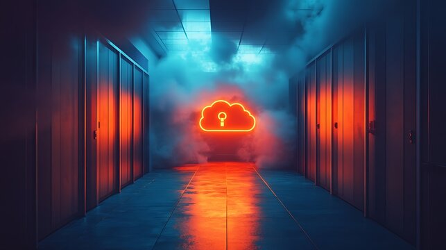 Secure virtual server room illuminated with a vibrant cloud neon display