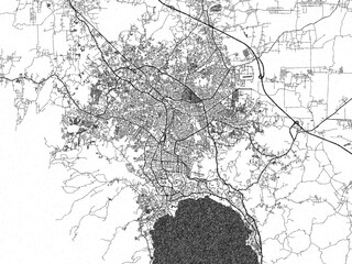 Fototapeta premium Decorative black and white map of Bandar Lampung, Indonesia, rendered in sketch-like style.