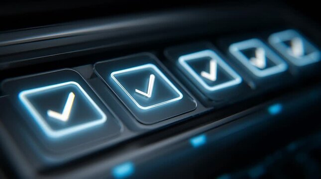 Digital interface with a series of glowing checkmark icons indicating completed tasks, symbolizing productivity, progress tracking, efficiency, and successful workflow in a modern, tech-driven environ