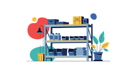 Organized shelving unit filled with various supplies and items for efficient storage solutions.