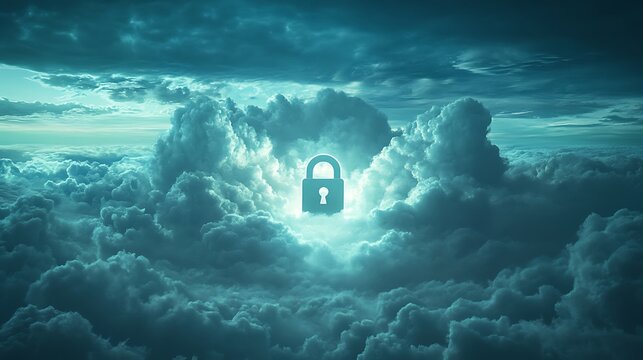 Abstract depiction of cloud security measures with a glowing padlock