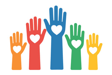 Raised colorful hands with hearts as a symbol for volunteering, charity, and donation. Vector icon for community, unity, support, social work, help, and contribution.