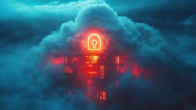 Glowing padlock icon on misty building shrouded in moody clouds conveys security