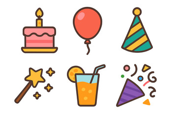 Party icon collection. Flat cartoon vector set for birthday & celebration. Fun graphic elements: cake, candle, balloon, hat, magic wand, juice, confetti popper. Isolated design.
