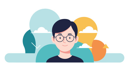 A young person with glasses smiles confidently surrounded by colorful abstract shapes representing ideas and thoughts.