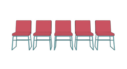 A row of five identical red chairs with metal frames sits waiting for occupants.