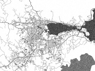 Decorative monochrome illustration of Kendari, Indonesia, showing its detailed grid.