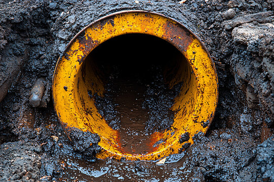 A close-up view of a yellow drainage pipe emerging from dark, muddy ground. The pipe is surrounded by wet earth and debris, indicating construction or environmental work.