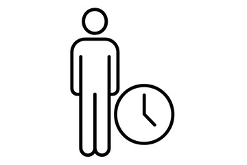Time management icon. Person and clock pictogram. Waiting, deadline, and schedule concept. Employee work hours symbol. User availability. Time tracking vector illustration.