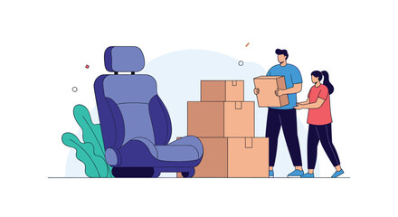 People moving car seats and cardboard boxes for relocation or delivery.