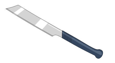 A sharp edged tool with a dark blue handle used for cutting and carving wood.