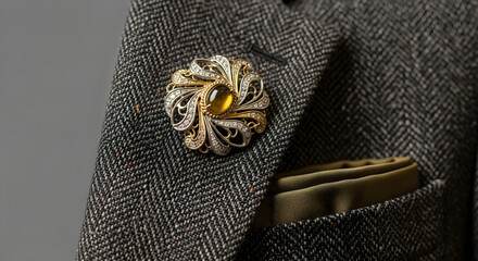 Elegant vintage brooch with yellow gemstone and diamonds on tweed jacket lapel, luxury accessory closeup for fashion styling jewelry branding and classic menswear concepts
