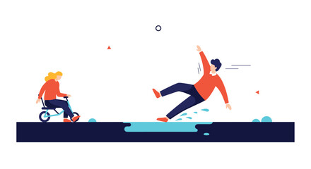 A person falls into a puddle while another person in a wheelchair looks on.