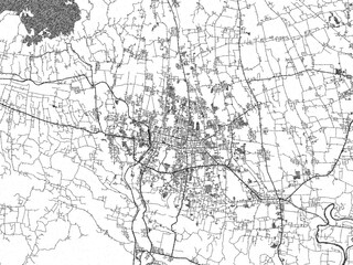 Naklejka premium Hand-drawn style black and white city map of Purwokerto, Indonesia, ready for wall art or editorial projects.