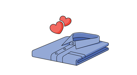 A neatly folded blue button-down shirt with two red hearts floating above.