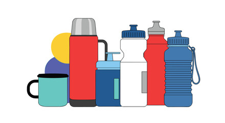 A collection of reusable containers for beverages and food storage for outdoor activities.