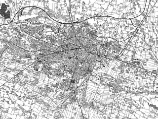 Black and white illustrated map of Surakarta, Indonesia, with streets, rivers, and neighborhoods.