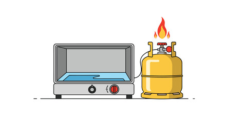 A gas stove with a flame and a propane tank is shown in a simple illustration.