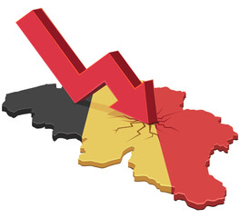 3D map of Belgium in the colors of the Belgian flag with a downward arrow making cracks on the map (cut out)