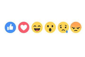 Facebook emoji reactions icon set. Like, love, haha, wow, sad, angry button collection. Social media network communication symbols. Vector illustration emoticon pack for web ui.